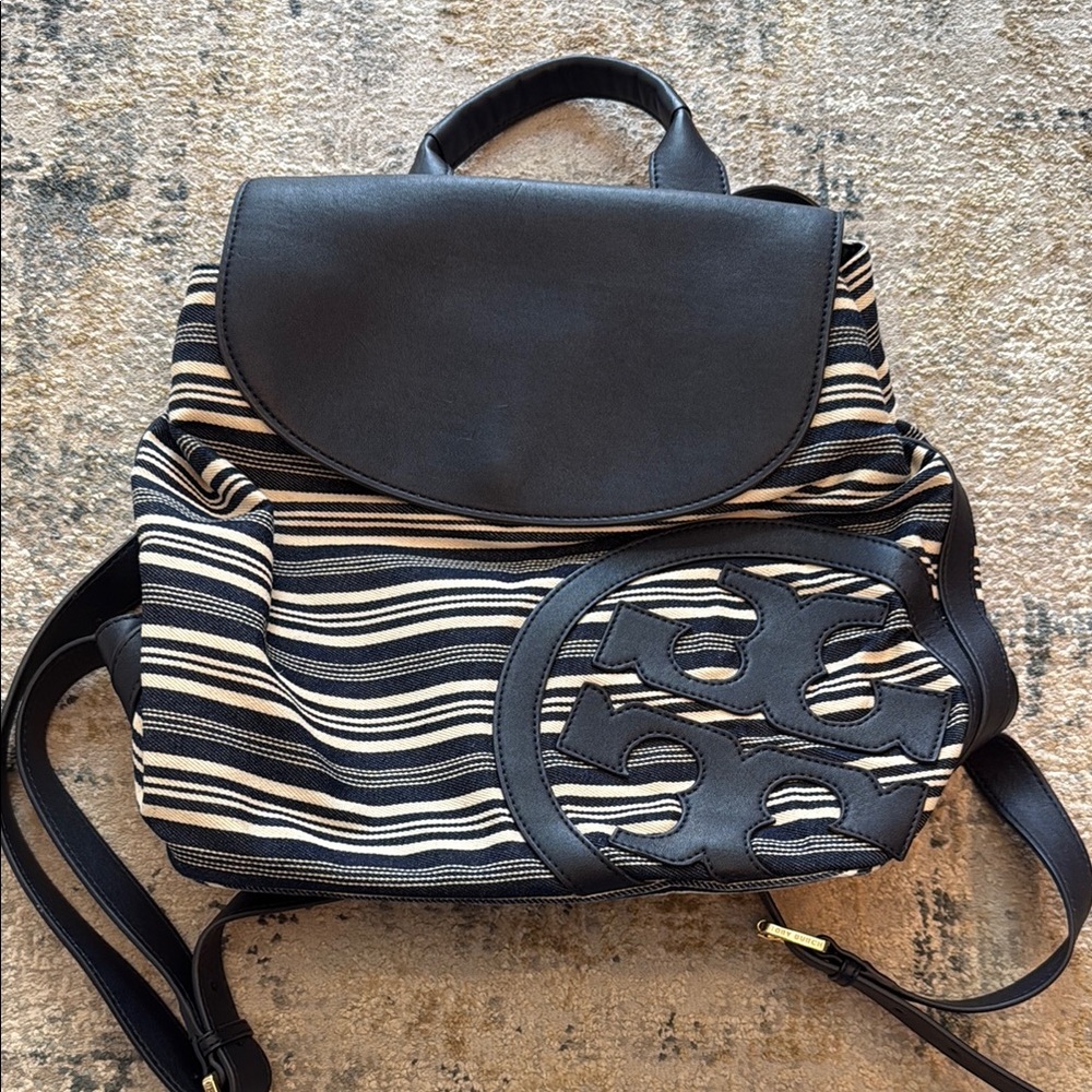 Tory Burch Navy and White Striped Backpack